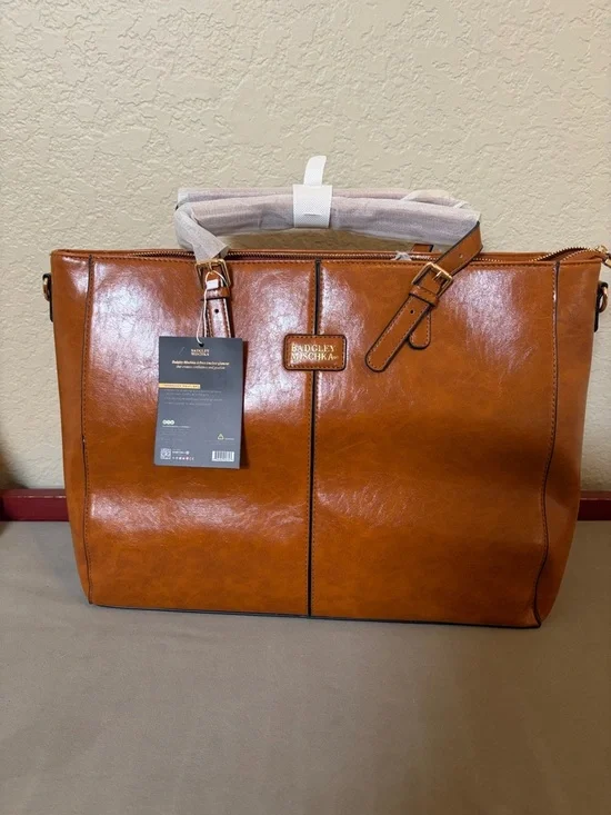 Badgley Mischka Cognac Leather Tote with Buckle Strap Detail - Picture 1 of 4